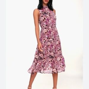 Lulus In My Dreams Mauve Floral Print Midi Dress XS